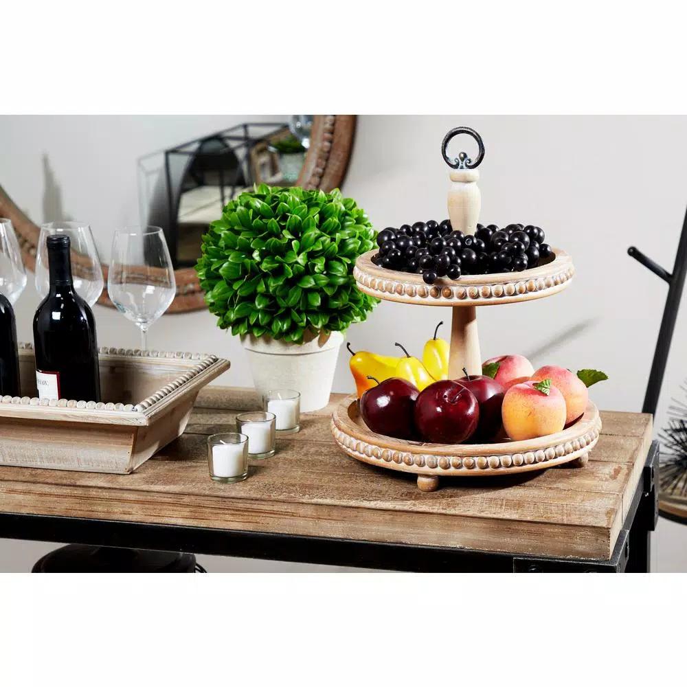 LITTON LANE Tall Natural Beige Birch Wood 2-Tier Round Serving Tray Stand with Wood Bead Accents