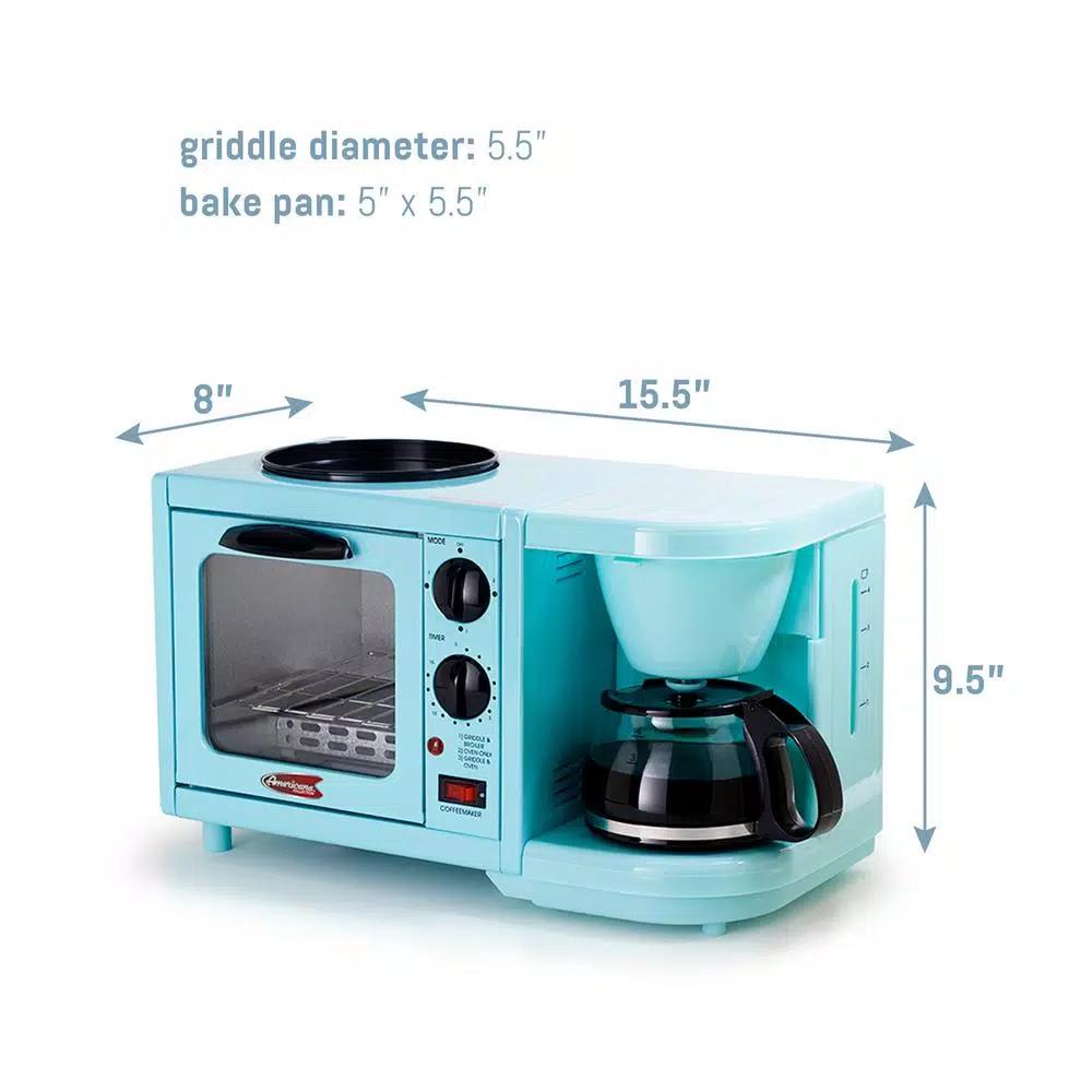 Elite Americana by Elite 3-in-1 Mini Breakfast Shoppe - 500W Toaster Oven, 4-Cup Coffee Maker & 6 in. Griddle, Blue