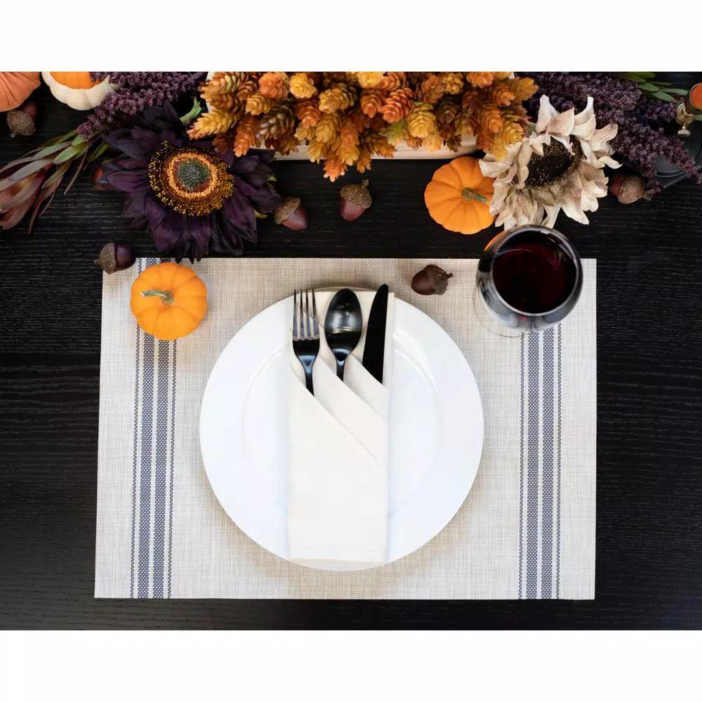 RITZ 12-Piece Grey Stripe Chambray Reversible Woven Indoor Outdoor Placemats