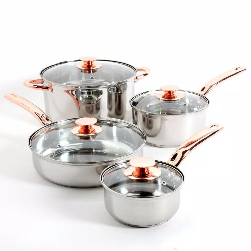 Sunbeam Ansonville 8-Piece Stainless Steel Cookware Set with Rose Gold Accents
