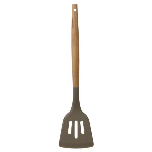 Home Basics Karina Grey Silicone Slotted Spatula with Beech Wood Handle - Heat Resistant & Non-Stick Safe
