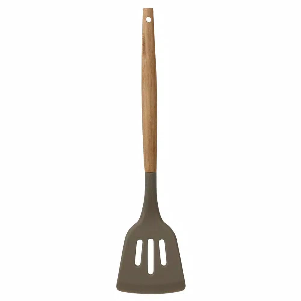 Home Basics Karina Grey Silicone Slotted Spatula with Beech Wood Handle - Heat Resistant & Non-Stick Safe