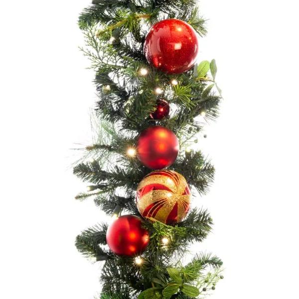 Village Lighting Company 9 ft. Pre-Lit LED Christmas Classic Garland with Red and Gold Ornaments