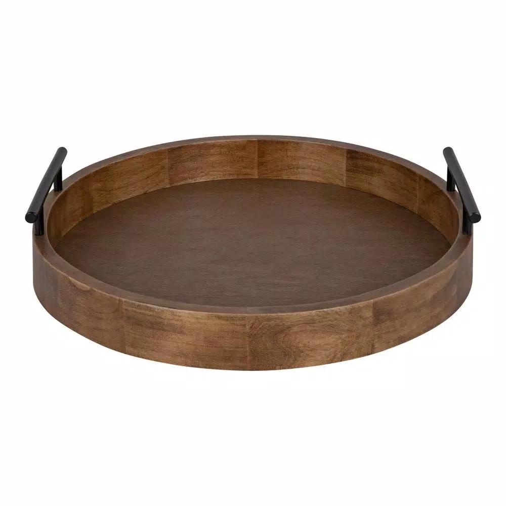 Kate and Laurel Lipton Rustic Brown Round Decorative Wood Tray with Metal Handles