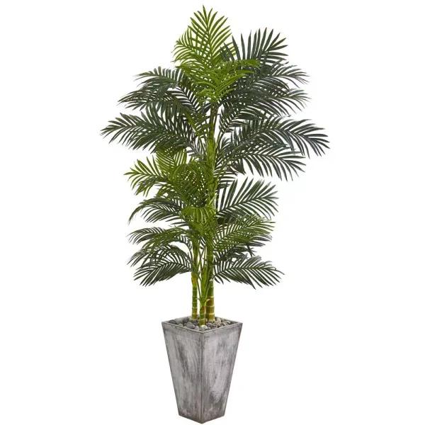 Nearly Natural 7 ft. Golden Cane Artificial Palm Tree with Cement Planter and River Rocks