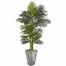 Nearly Natural 7 ft. Golden Cane Artificial Palm Tree with Cement Planter and River Rocks thumbnail 1