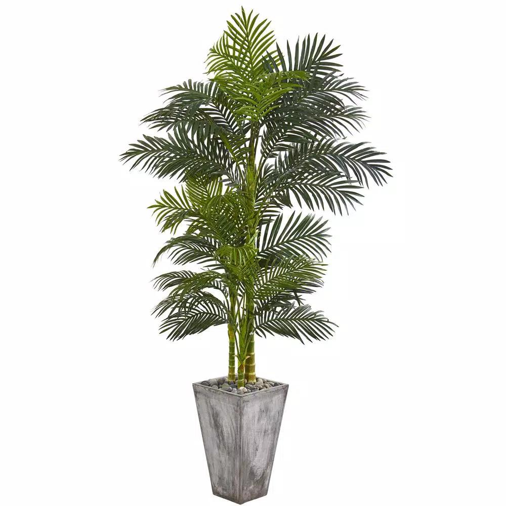 Nearly Natural 7 ft. Golden Cane Artificial Palm Tree with Cement Planter and River Rocks