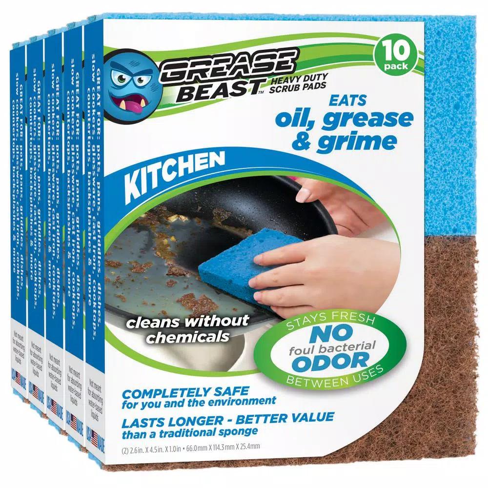 Grease Beast Heavy-Duty Odor and Bacteria Resistant Kitchen Scrub Sponge, 10-Pack