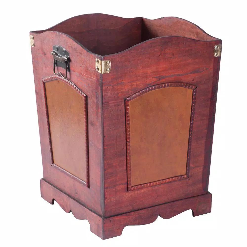 Vintiquewise Rustic Cherry Wood Decorative Trash Bin with Faux Leather Accents and Handles
