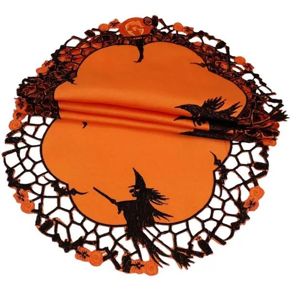 Xia Home Fashions Witch Embroidered Cutwork Halloween Doilies, Orange Polyviscose, 16 in. Round (4-Set)