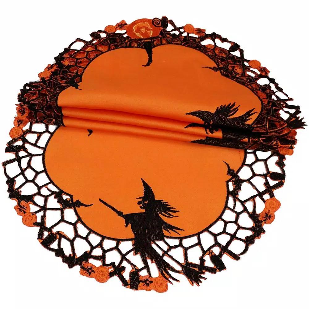 Xia Home Fashions Witch Embroidered Cutwork Halloween Doilies, Orange Polyviscose, 16 in. Round (4-Set)