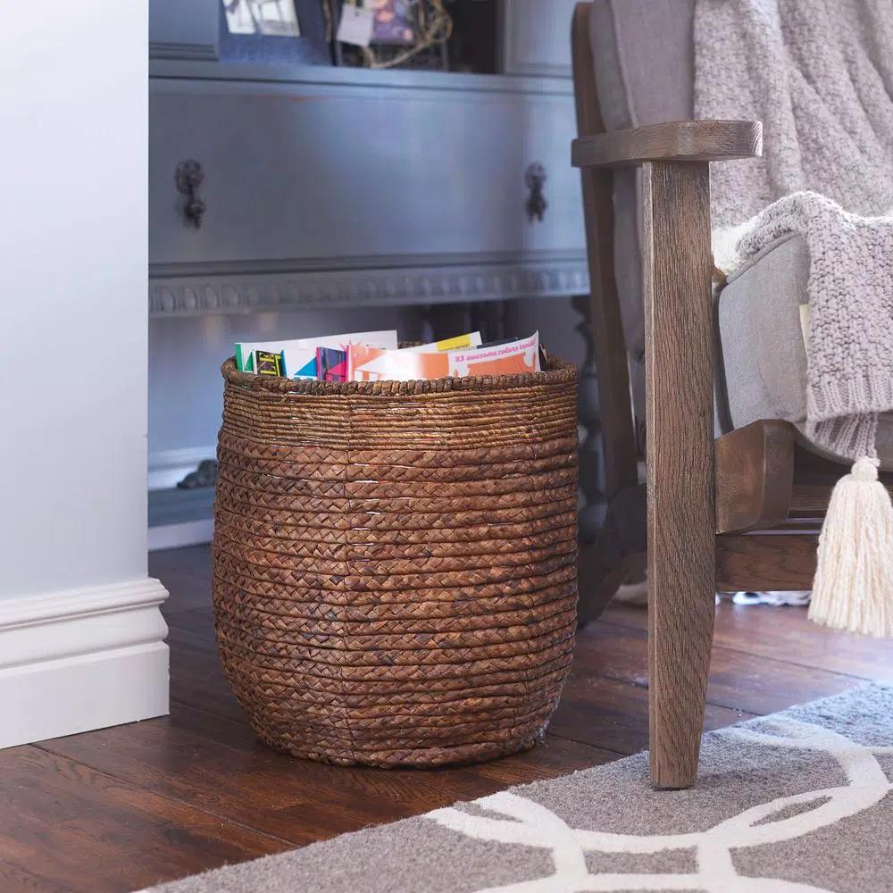 Household Essentials Wicker Water Hyacinth Rimmed Basket Set of 2, Rustic Decorative Storage Baskets and Planters