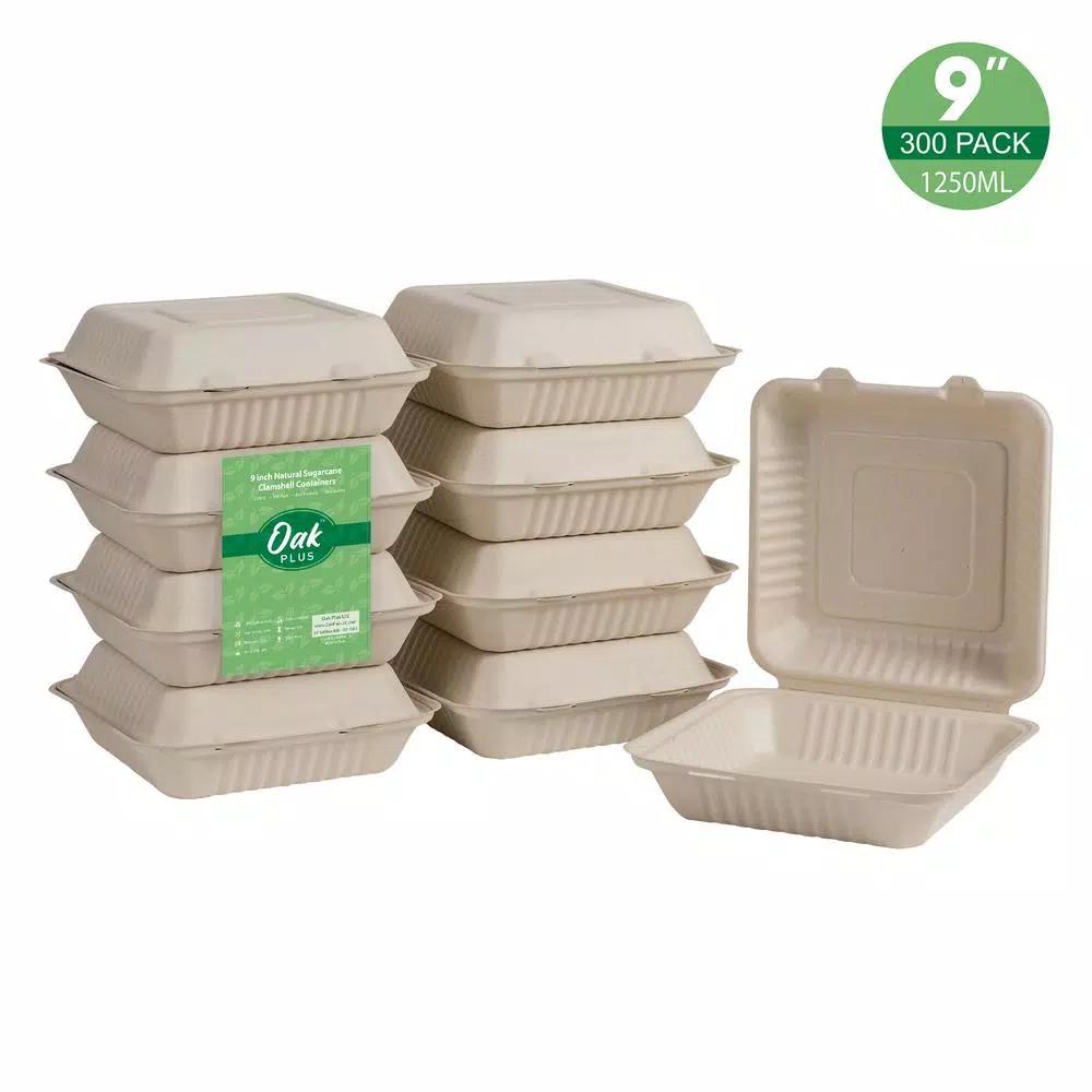 Unbranded 9 in. Natural Sugarcane Clamshell Containers, Eco-Friendly & Compostable (300 Pack)