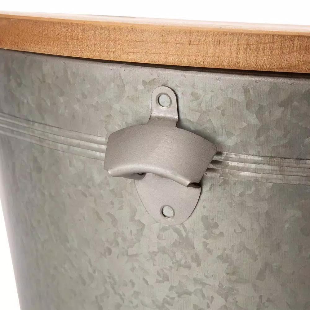 Glitzhome 26.29 in. Gray Galvanized Metal Beverage Tub with Firwood Lid and Metal Stand