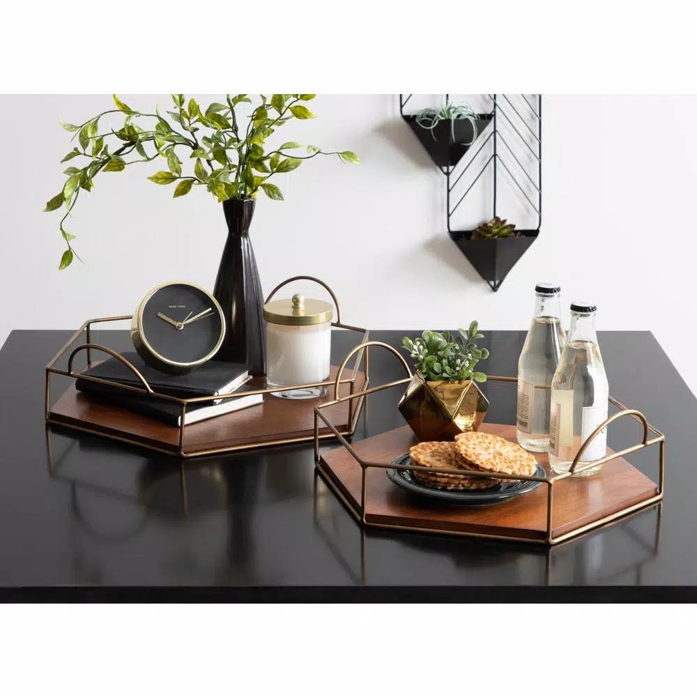 Kate and Laurel Westland Mid-Century Modern Wood and Metal Nesting Tray Set, Brown and Gold