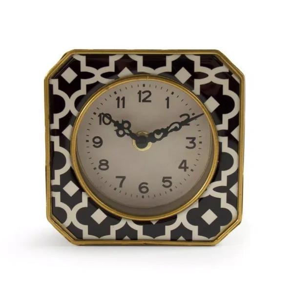 Zentique Black and White Patterned Analog Desk Clock with Gold Trim, 5x5 in.