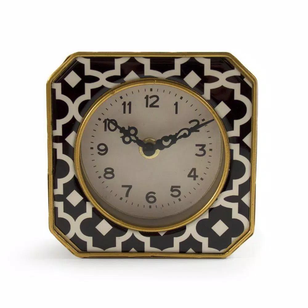 Zentique Black and White Patterned Analog Desk Clock with Gold Trim, 5x5 in.