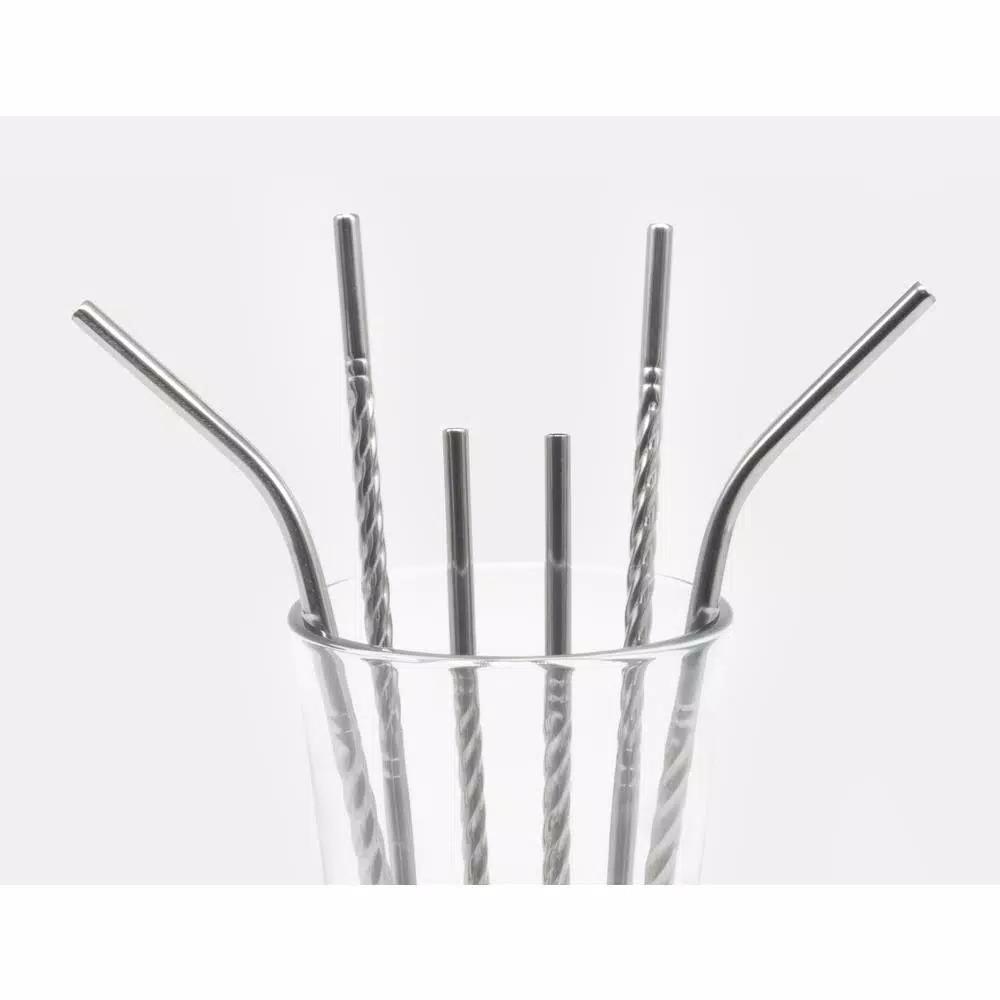 ExcelSteel 14-Piece Reusable Stainless Steel Swirl Straw Set with Cleaning Brushes