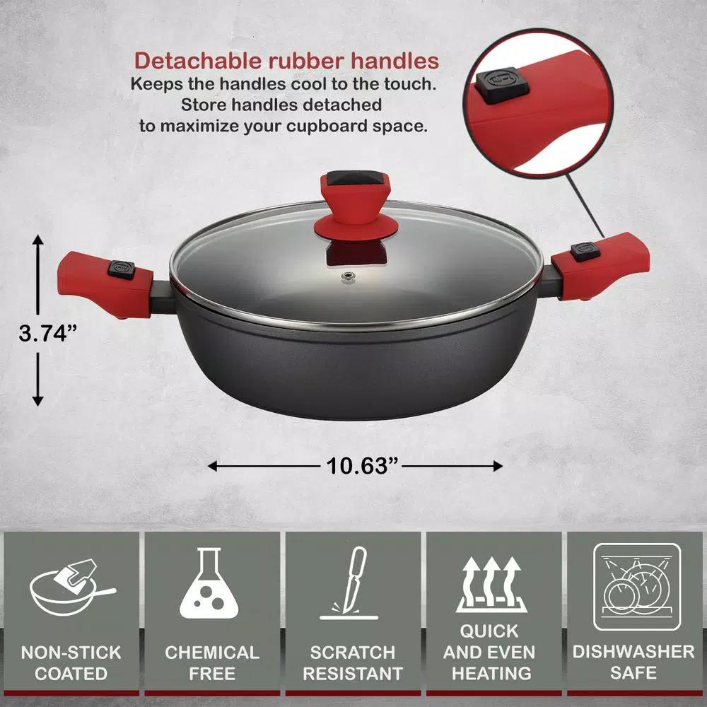 AMERCOOK 10 in. Round 4.5L Nonstick Aluminum Casserole Pan with Glass Lid and Detachable Handles