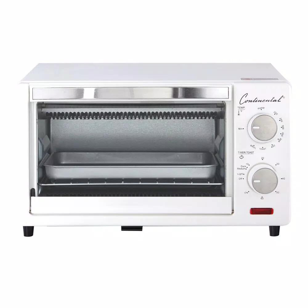 Continental Electric 1000W 4-Slice White Toaster Oven with 60-Minute Timer, Bake & Broil