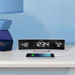 La Crosse Technology White Curved Digital Alarm Clock with Mirrored LED Display, Temperature, Humidity, and USB Charging Port thumbnail 7