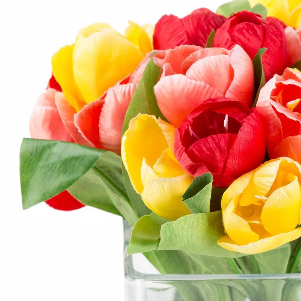 Pure Garden 8 in. Multicolor Tulip Artificial Floral Arrangement in Glass Vase
