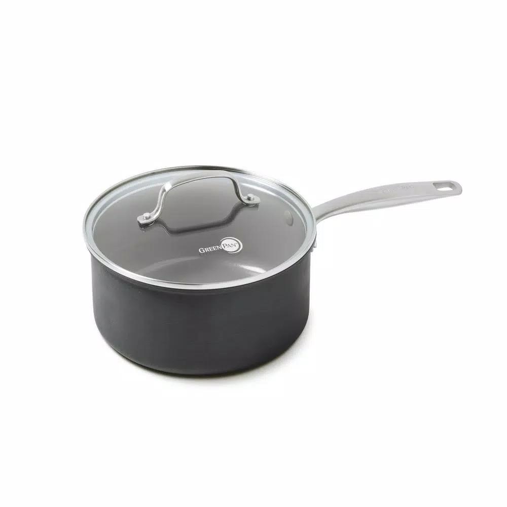 GreenPan Chatham 3 Qt. Hard-Anodized Aluminum Ceramic Nonstick Saucepan with Glass Lid, Gray