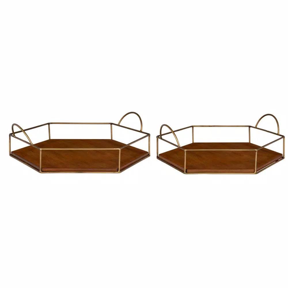 Kate and Laurel Westland Mid-Century Modern Wood and Metal Nesting Tray Set, Brown and Gold