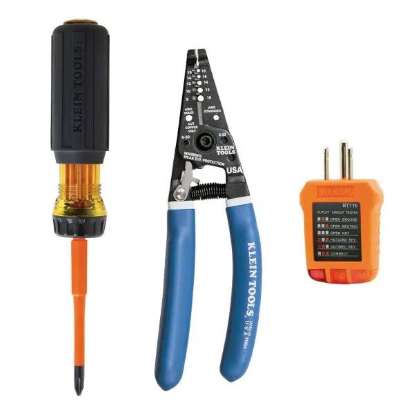 Klein Tools 3-Piece Insulated Electrical Tool Set with Multi-Bit Screwdriver, Wire Strippers and Receptacle Tester