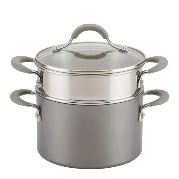 Circulon Elementum 3 Qt. Hard-Anodized Nonstick Covered Multipot with Steamer Insert, Oyster Gray