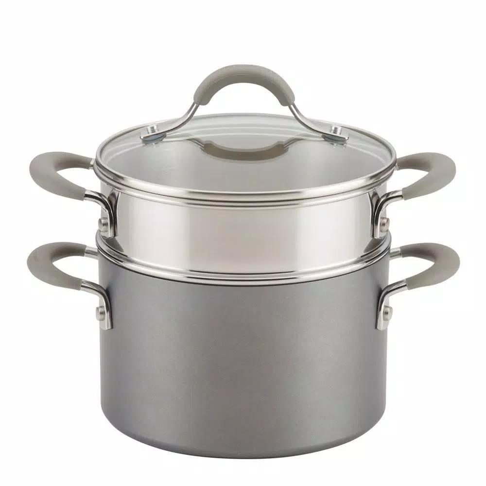 Circulon Elementum 3 Qt. Hard-Anodized Nonstick Covered Multipot with Steamer Insert, Oyster Gray