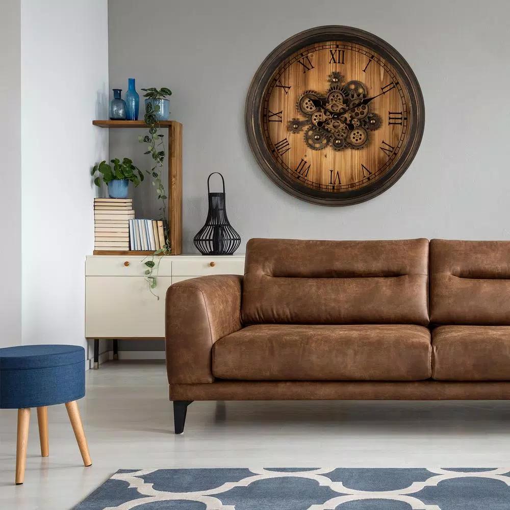 Glitzhome 27.76 in. Vintage Industrial Oversized Wall Clock with Moving Gears and Roman Numerals