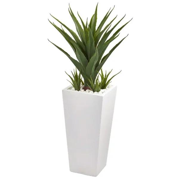 Nearly Natural 40 in. Artificial Spiky Agave Plant in White Tower Planter with Natural Stone Accents