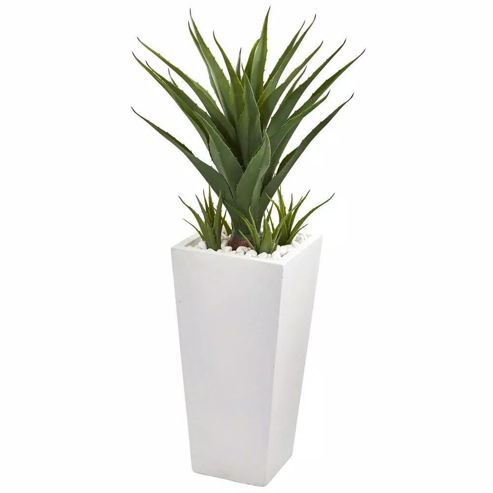 Nearly Natural 40 in. Artificial Spiky Agave Plant in White Tower Planter with Natural Stone Accents