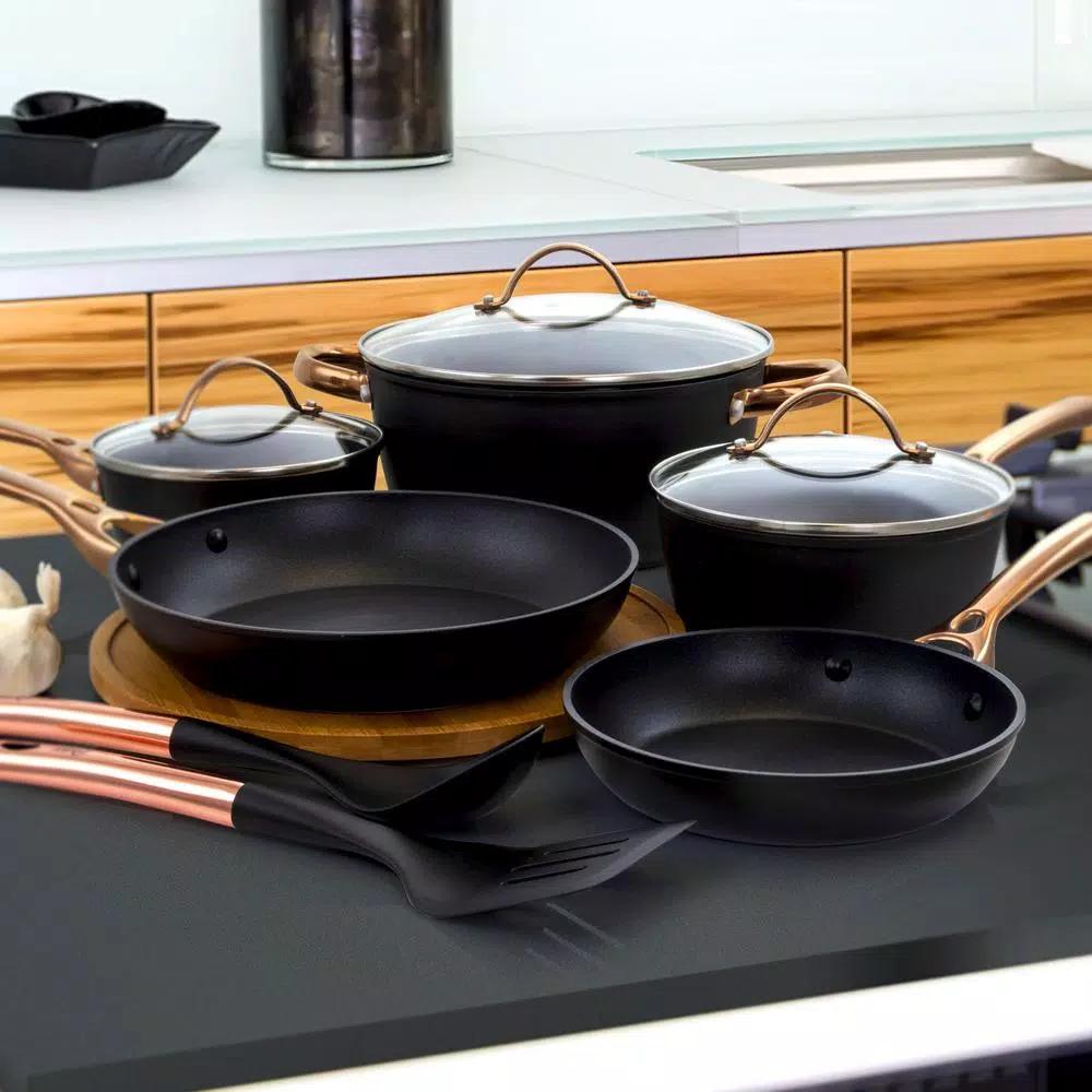Oster Allsberg 10-Piece Aluminum Nonstick Cookware Set with Bronze Handles, Black and Bronze