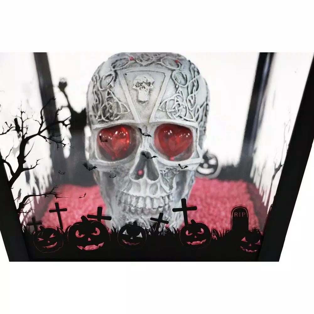 Haunted Hill Farm 71 in. Black Animated Skull Lamp Post with Spooky Music