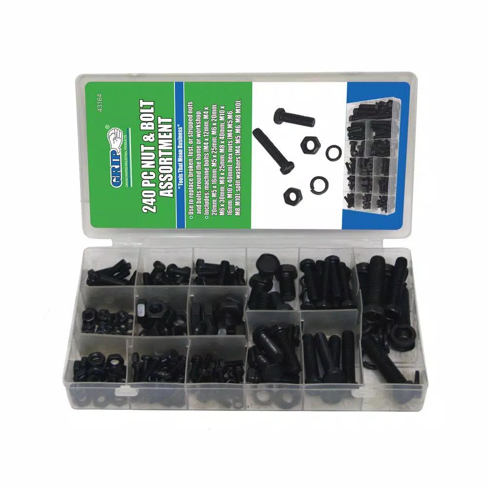 Grand Rapids Industrial Products Grip 240-Piece Nut and Bolt Assortment Set with Hex Nuts and Split Washers