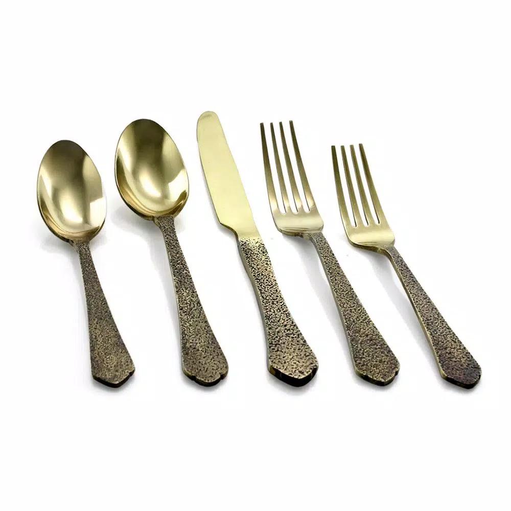 Gibson Elite Zambezi 5-Piece Gold Hammer Texture Stainless Steel Flatware Set, Service for 1