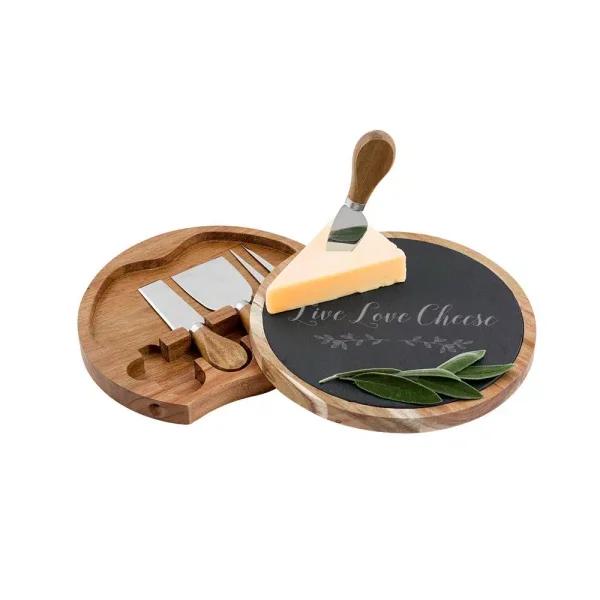 Cathy's Concepts Live Love Cheese 5-Piece Acacia Wood and Natural Slate Cheese Board Set with Utensils