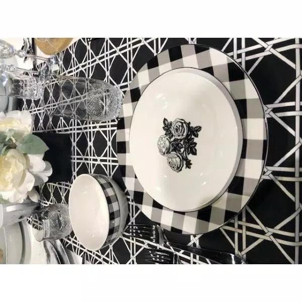 Godinger Damier 12-Piece Porcelain Dinnerware Set, Black and White Checkerboard Design, Service for 4
