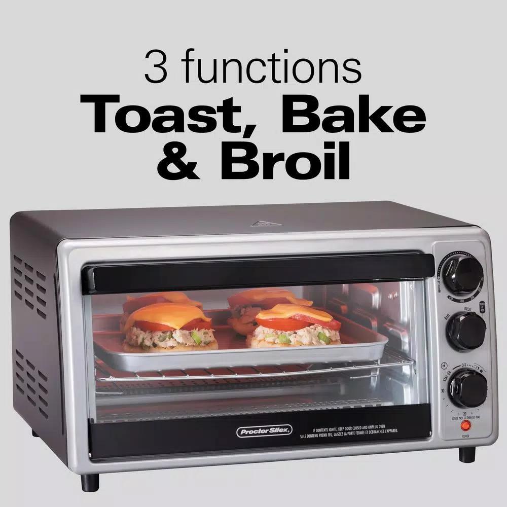 Proctor Silex 1500-Watt 6-Slice Silver Toaster Oven with Toast, Bake, and Broil Settings