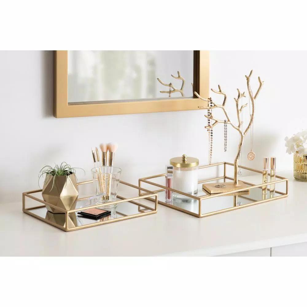 Kate and Laurel Felicia Gold Mirrored Metal Nesting Tray Set - Decorative Rectangular Trays for Home Decor