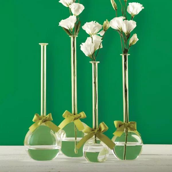 Two's Company Hand-Blown Glass Cylinder Vase Set with Sage Green Ribbon, 4-Piece Assorted Sizes