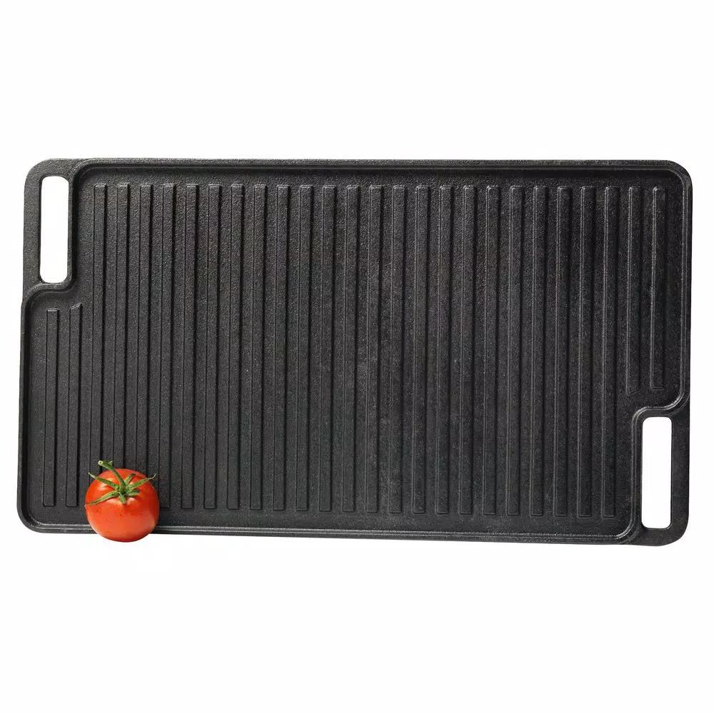 Basic Essentials 18 in. Cast Iron Rectangular Double Reversible Grill and Griddle, Pre-Seasoned Non-Stick