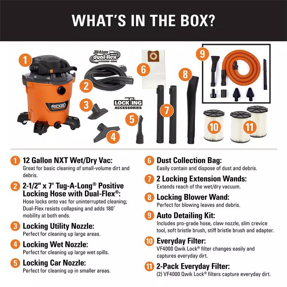 RIDGID 12 Gal. 6.0 Peak HP NXT Wet/Dry Shop Vacuum with Detachable Blower and Car Cleaning Kit