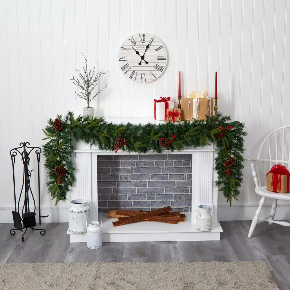 Nearly Natural 9 ft. Pre-lit Mixed Pine Artificial Christmas Garland with 50 LED Lights, Berries & Pinecones