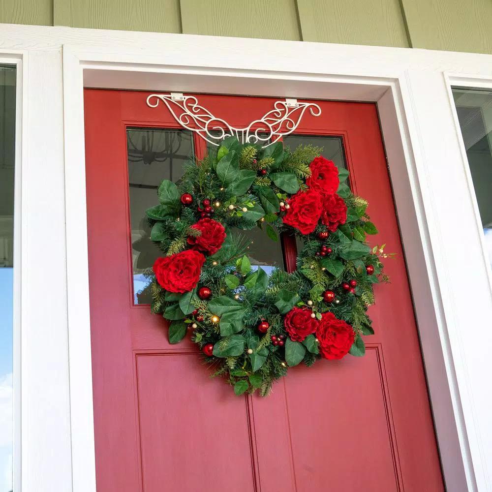 Village Lighting Company 30 in. Pre-Lit Red Peony and Berry Artificial Christmas Wreath with 50 LED Lights