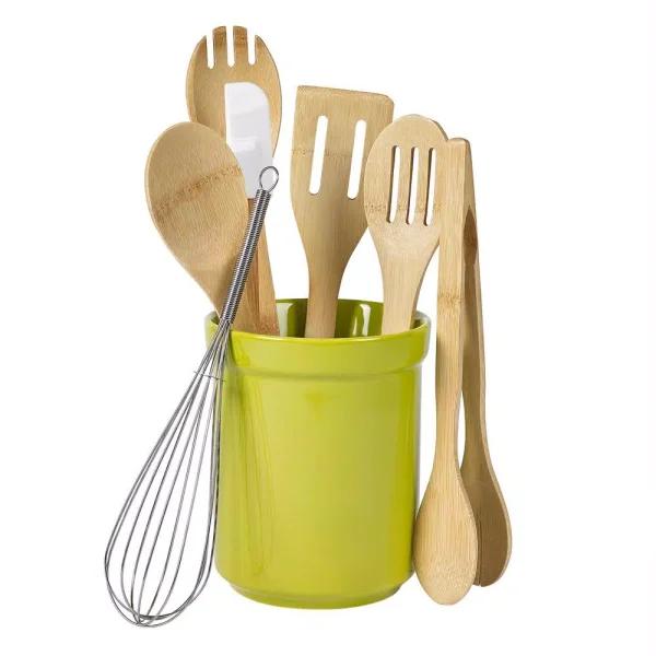 Basic Essentials 8-Piece Light Green Ceramic Kitchen Utensil Set with Bamboo Tools