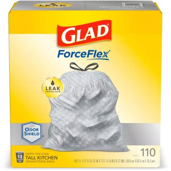 Glad ForceFlex 13 Gallon Tall Kitchen Drawstring Trash Bags, OdorShield, 110 Count