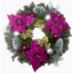 Fraser Hill Farm 24 in. Artificial Christmas Wreath with Faux Poinsettias, Ornaments, and Pinecones thumbnail 1
